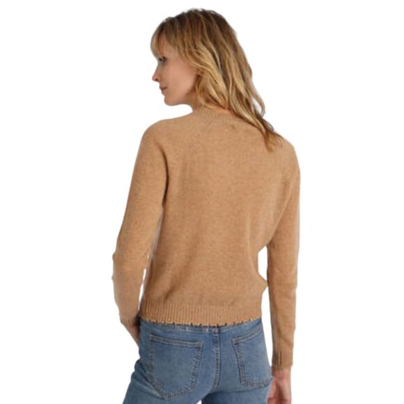 Minnie Rose Cashmere Frayed Edge V-Neck Sweater, Camel S - Picture 13 of 13
